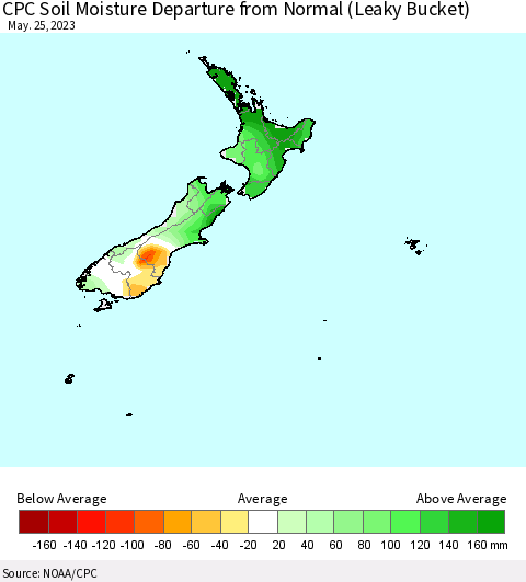 New Zealand CPC Soil Moisture Departure from Normal (Leaky Bucket) Thematic Map For 5/21/2023 - 5/25/2023