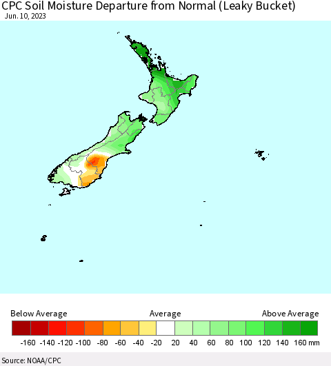 New Zealand CPC Soil Moisture Departure from Normal (Leaky Bucket) Thematic Map For 6/6/2023 - 6/10/2023