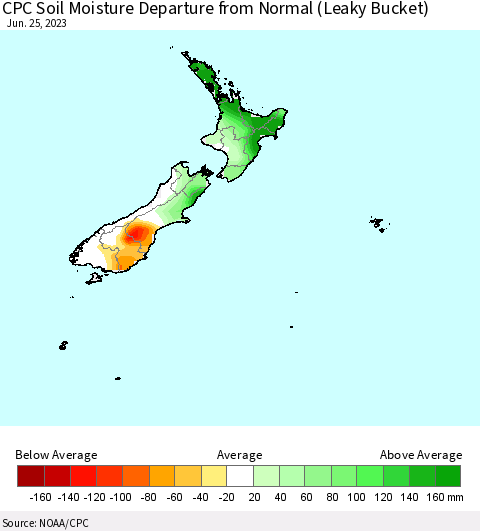 New Zealand CPC Soil Moisture Departure from Normal (Leaky Bucket) Thematic Map For 6/21/2023 - 6/25/2023