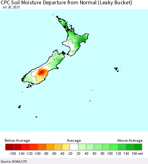 New Zealand CPC Soil Moisture Departure from Normal (Leaky Bucket) Thematic Map For 7/16/2023 - 7/20/2023