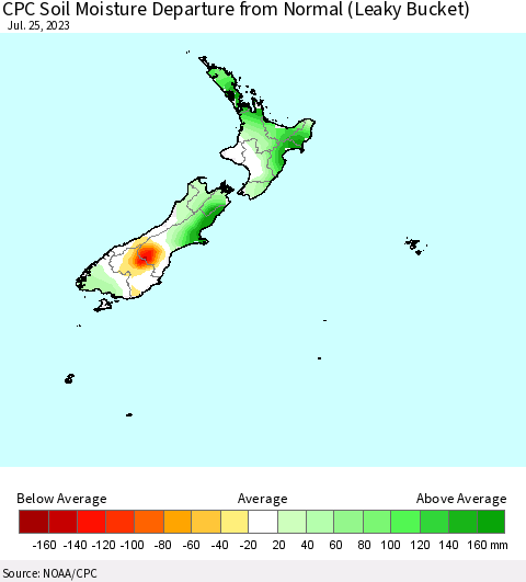 New Zealand CPC Soil Moisture Departure from Normal (Leaky Bucket) Thematic Map For 7/21/2023 - 7/25/2023