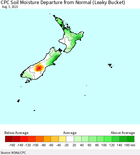 New Zealand CPC Soil Moisture Departure from Normal (Leaky Bucket) Thematic Map For 8/1/2023 - 8/5/2023