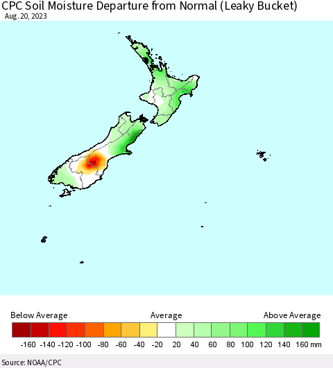 New Zealand CPC Soil Moisture Departure from Normal (Leaky Bucket) Thematic Map For 8/16/2023 - 8/20/2023