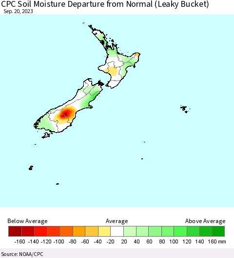 New Zealand CPC Soil Moisture Departure from Normal (Leaky Bucket) Thematic Map For 9/16/2023 - 9/20/2023