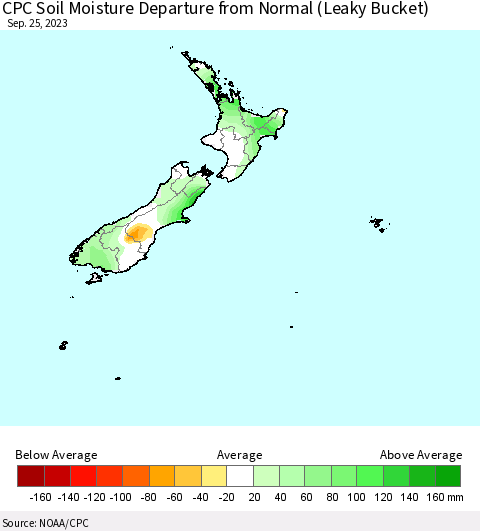 New Zealand CPC Soil Moisture Departure from Normal (Leaky Bucket) Thematic Map For 9/21/2023 - 9/25/2023