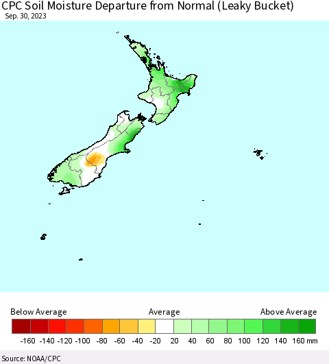 New Zealand CPC Soil Moisture Departure from Normal (Leaky Bucket) Thematic Map For 9/26/2023 - 9/30/2023