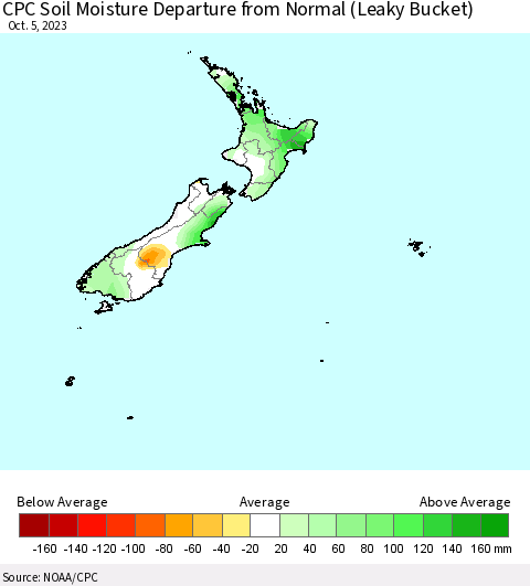 New Zealand CPC Soil Moisture Departure from Normal (Leaky Bucket) Thematic Map For 10/1/2023 - 10/5/2023
