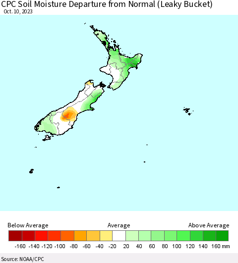 New Zealand CPC Soil Moisture Departure from Normal (Leaky Bucket) Thematic Map For 10/6/2023 - 10/10/2023