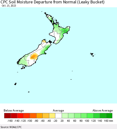 New Zealand CPC Soil Moisture Departure from Normal (Leaky Bucket) Thematic Map For 10/11/2023 - 10/15/2023