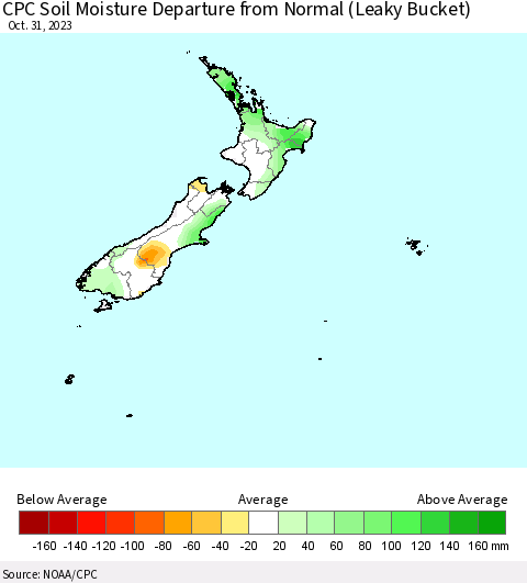 New Zealand CPC Soil Moisture Departure from Normal (Leaky Bucket) Thematic Map For 10/26/2023 - 10/31/2023