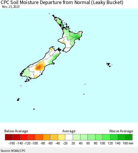 New Zealand CPC Soil Moisture Departure from Normal (Leaky Bucket) Thematic Map For 11/11/2023 - 11/15/2023