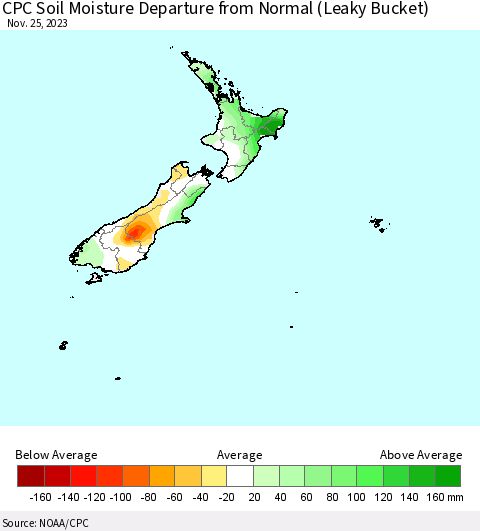 New Zealand CPC Soil Moisture Departure from Normal (Leaky Bucket) Thematic Map For 11/21/2023 - 11/25/2023