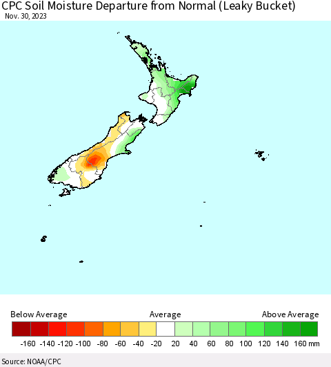 New Zealand CPC Soil Moisture Departure from Normal (Leaky Bucket) Thematic Map For 11/26/2023 - 11/30/2023