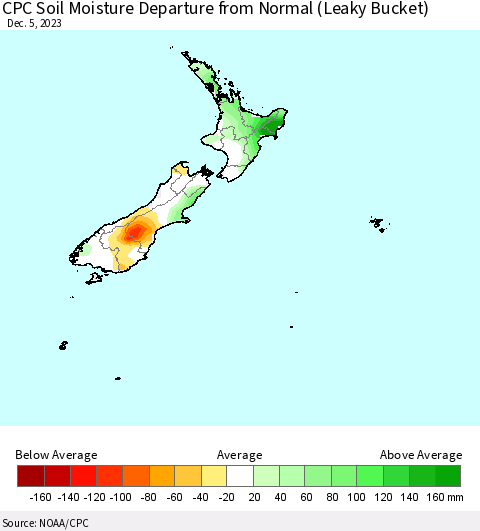 New Zealand CPC Soil Moisture Departure from Normal (Leaky Bucket) Thematic Map For 12/1/2023 - 12/5/2023