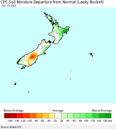 New Zealand CPC Soil Moisture Departure from Normal (Leaky Bucket) Thematic Map For 12/6/2023 - 12/10/2023