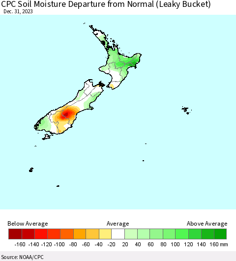 New Zealand CPC Soil Moisture Departure from Normal (Leaky Bucket) Thematic Map For 12/26/2023 - 12/31/2023