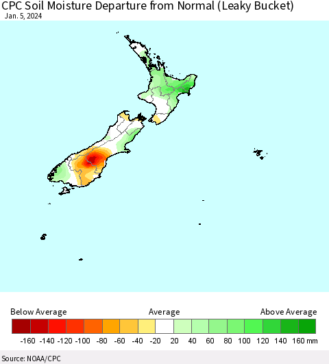 New Zealand CPC Soil Moisture Departure from Normal (Leaky Bucket) Thematic Map For 1/1/2024 - 1/5/2024