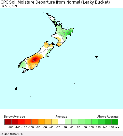New Zealand CPC Soil Moisture Departure from Normal (Leaky Bucket) Thematic Map For 1/11/2024 - 1/15/2024