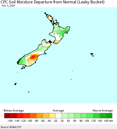 New Zealand CPC Soil Moisture Departure from Normal (Leaky Bucket) Thematic Map For 2/1/2024 - 2/5/2024