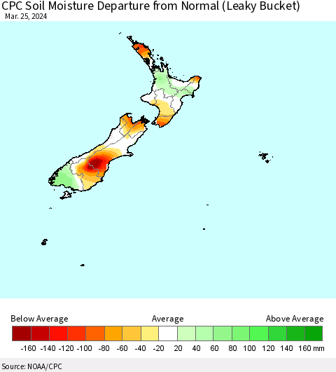 New Zealand CPC Soil Moisture Departure from Normal (Leaky Bucket) Thematic Map For 3/21/2024 - 3/25/2024