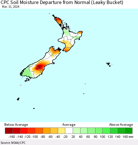 New Zealand CPC Soil Moisture Departure from Normal (Leaky Bucket) Thematic Map For 3/26/2024 - 3/31/2024