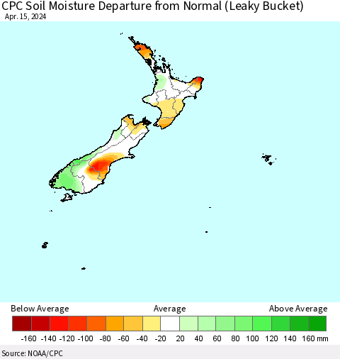 New Zealand CPC Soil Moisture Departure from Normal (Leaky Bucket) Thematic Map For 4/11/2024 - 4/15/2024