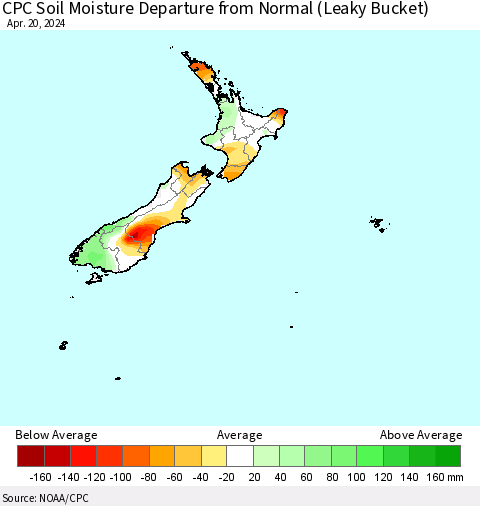New Zealand CPC Soil Moisture Departure from Normal (Leaky Bucket) Thematic Map For 4/16/2024 - 4/20/2024