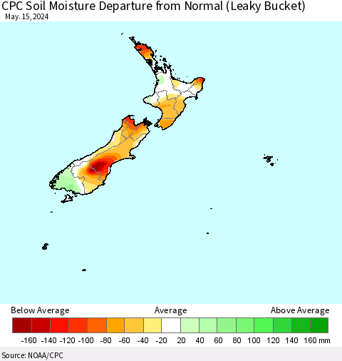 New Zealand CPC Soil Moisture Departure from Normal (Leaky Bucket) Thematic Map For 5/11/2024 - 5/15/2024