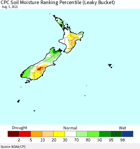 New Zealand CPC Soil Moisture Ranking Percentile (Leaky Bucket) Thematic Map For 8/1/2021 - 8/5/2021