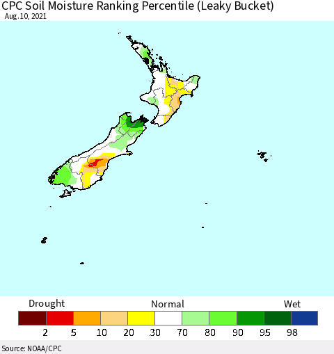 New Zealand CPC Soil Moisture Ranking Percentile (Leaky Bucket) Thematic Map For 8/6/2021 - 8/10/2021