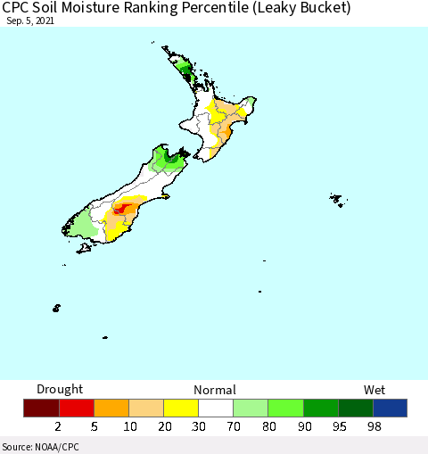New Zealand CPC Soil Moisture Ranking Percentile (Leaky Bucket) Thematic Map For 9/1/2021 - 9/5/2021