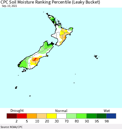 New Zealand CPC Soil Moisture Ranking Percentile (Leaky Bucket) Thematic Map For 9/6/2021 - 9/10/2021