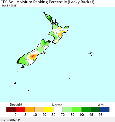 New Zealand CPC Soil Moisture Ranking Percentile (Leaky Bucket) Thematic Map For 9/11/2021 - 9/15/2021