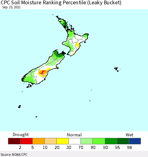New Zealand CPC Soil Moisture Ranking Percentile (Leaky Bucket) Thematic Map For 9/21/2021 - 9/25/2021