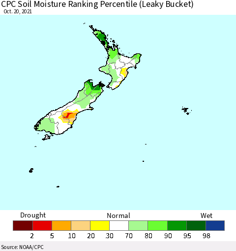 New Zealand CPC Soil Moisture Ranking Percentile (Leaky Bucket) Thematic Map For 10/16/2021 - 10/20/2021
