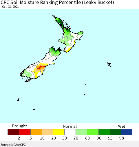 New Zealand CPC Soil Moisture Ranking Percentile (Leaky Bucket) Thematic Map For 10/26/2021 - 10/31/2021