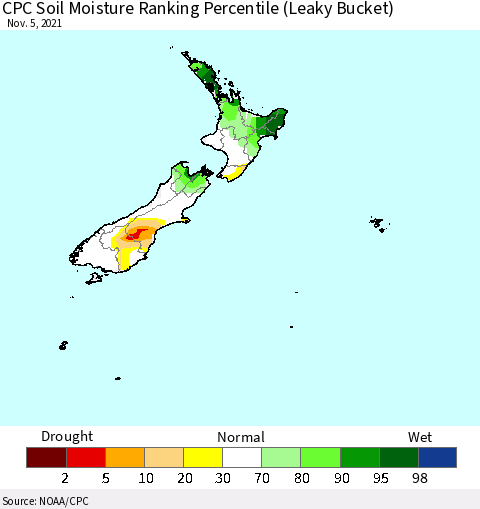 New Zealand CPC Soil Moisture Ranking Percentile (Leaky Bucket) Thematic Map For 11/1/2021 - 11/5/2021