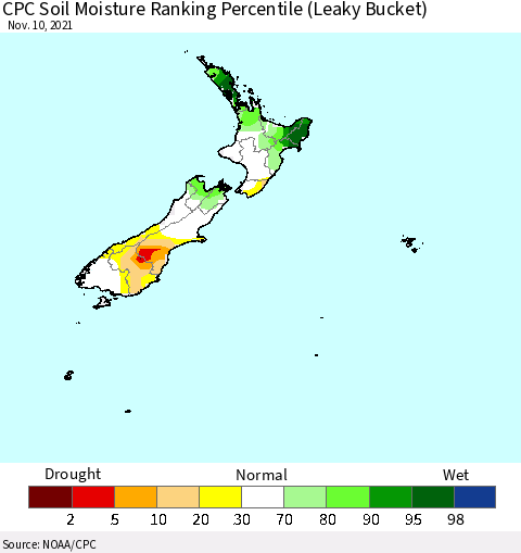 New Zealand CPC Soil Moisture Ranking Percentile (Leaky Bucket) Thematic Map For 11/6/2021 - 11/10/2021
