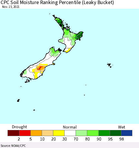 New Zealand CPC Soil Moisture Ranking Percentile (Leaky Bucket) Thematic Map For 11/11/2021 - 11/15/2021