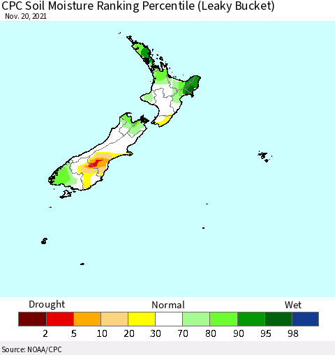 New Zealand CPC Soil Moisture Ranking Percentile (Leaky Bucket) Thematic Map For 11/16/2021 - 11/20/2021