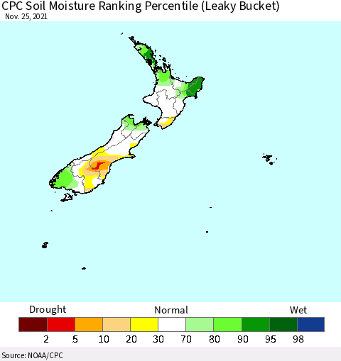 New Zealand CPC Soil Moisture Ranking Percentile (Leaky Bucket) Thematic Map For 11/21/2021 - 11/25/2021