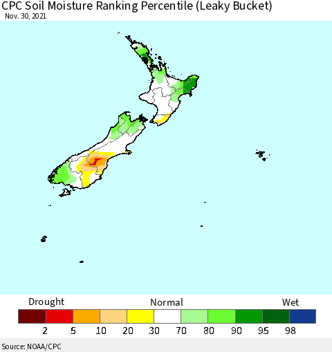 New Zealand CPC Soil Moisture Ranking Percentile (Leaky Bucket) Thematic Map For 11/26/2021 - 11/30/2021