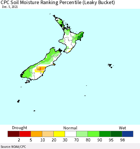 New Zealand CPC Soil Moisture Ranking Percentile (Leaky Bucket) Thematic Map For 12/1/2021 - 12/5/2021