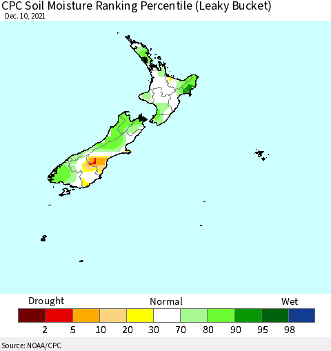 New Zealand CPC Soil Moisture Ranking Percentile (Leaky Bucket) Thematic Map For 12/6/2021 - 12/10/2021