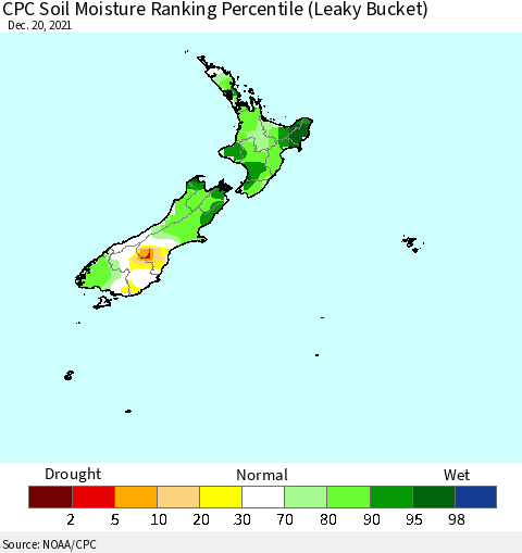 New Zealand CPC Soil Moisture Ranking Percentile (Leaky Bucket) Thematic Map For 12/16/2021 - 12/20/2021