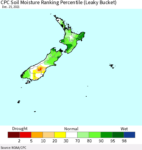 New Zealand CPC Soil Moisture Ranking Percentile (Leaky Bucket) Thematic Map For 12/21/2021 - 12/25/2021