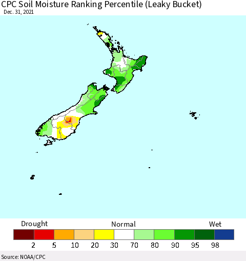 New Zealand CPC Soil Moisture Ranking Percentile (Leaky Bucket) Thematic Map For 12/26/2021 - 12/31/2021