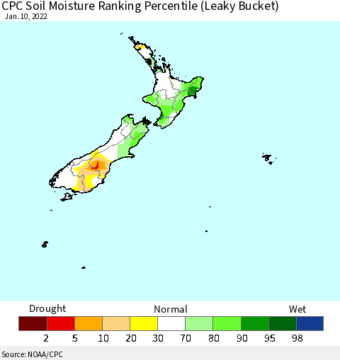 New Zealand CPC Soil Moisture Ranking Percentile (Leaky Bucket) Thematic Map For 1/6/2022 - 1/10/2022