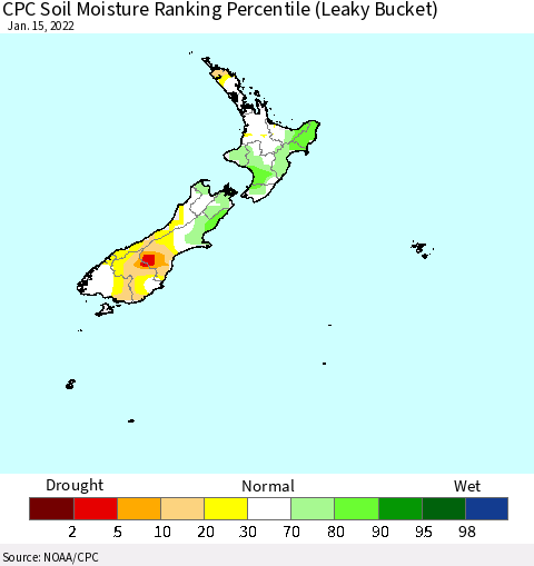 New Zealand CPC Soil Moisture Ranking Percentile (Leaky Bucket) Thematic Map For 1/11/2022 - 1/15/2022