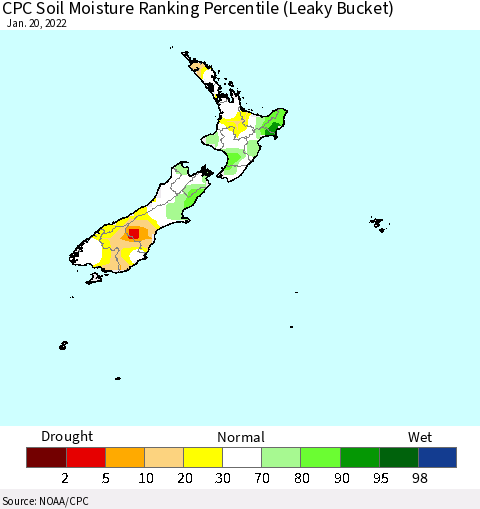 New Zealand CPC Soil Moisture Ranking Percentile (Leaky Bucket) Thematic Map For 1/16/2022 - 1/20/2022